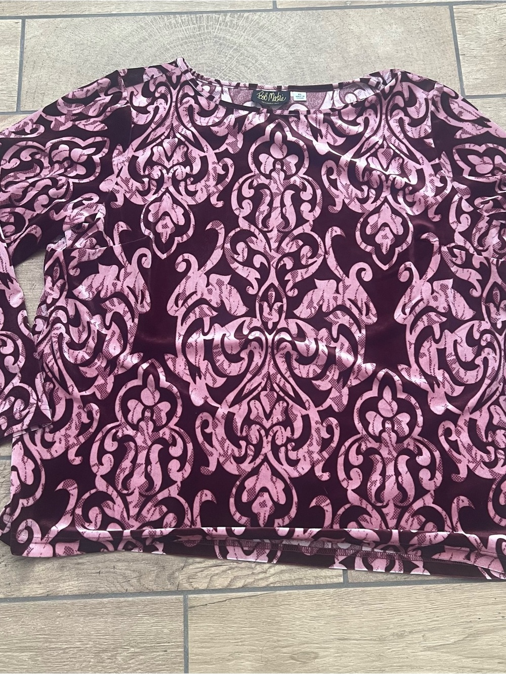 Bob Mackie‎ VTG Wearable Art XL Velvet Damask Print Top Burgundy Long Sleeve
